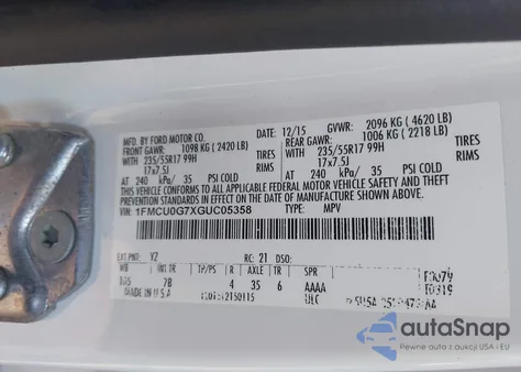 2016 Ford Escape Se из США, поврежденный, VIN 1FMCU0G7XGUC05358